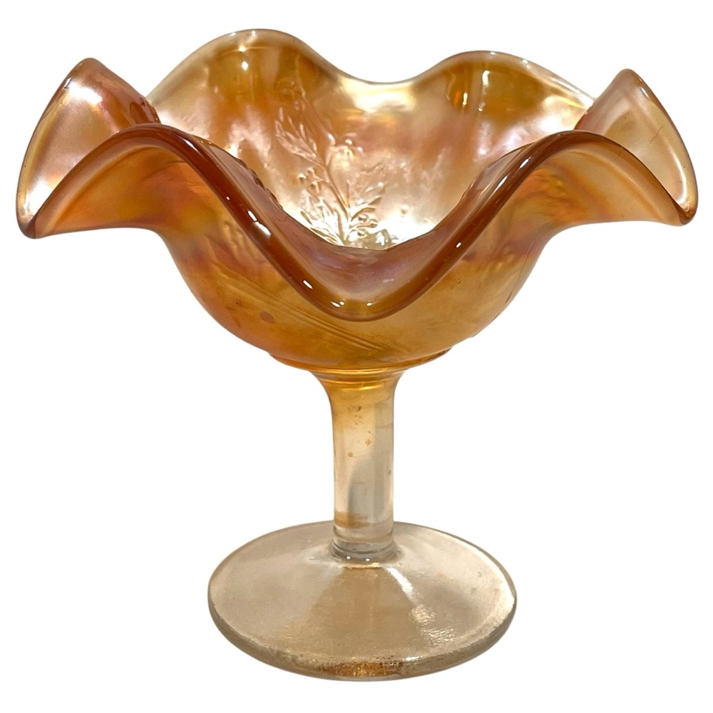 Vintage 1910s Fenton Marigold Holly & Berry Footed Compote Carnival Glass EAPG